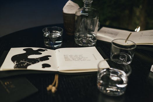 A stylish and elegant table setting featuring a notebook, glasses, and a water bottle, captured indoors.