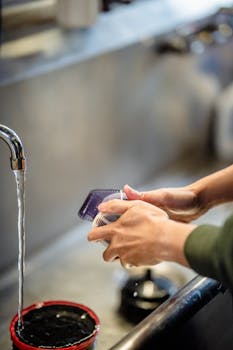Hands carefully developing film under running water in a darkroom.
