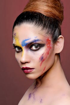 Stunning close-up portrait of a woman with vibrant artistic makeup, showcasing bold colors and intricate design.