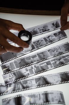 A detailed close-up of hands inspecting vintage film strips on a lightbox.