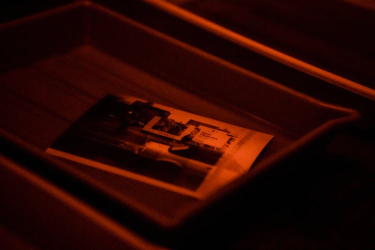 Paper Photograph In Red Lit Darkroom