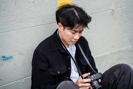 Asian male photographer sitting outdoors adjusting his camera.