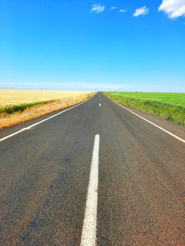 A long straight road stretches through open green and golden fields under a bright blue sky.