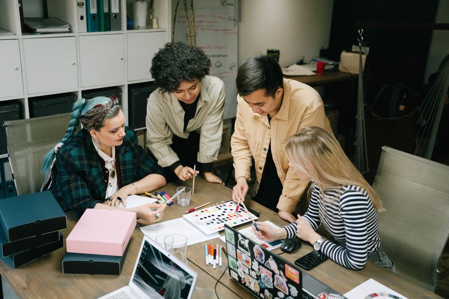 Creative professionals discussing ideas together