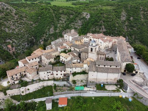 Free Stunning aerial view of the medieval village Castello di Postignano in Sellano, Italy. Stock Photo