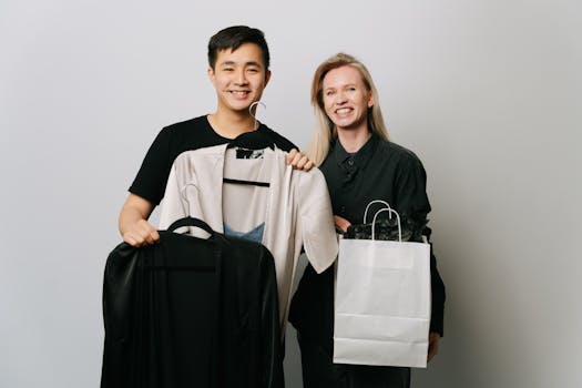 A happy couple displaying fashion choices with bags and clothes in a studio setting.