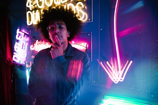 Colorful image of a stylish young adult surrounded by vibrant neon signs.