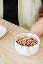 White Ceramic Bowl With Brown and White Food