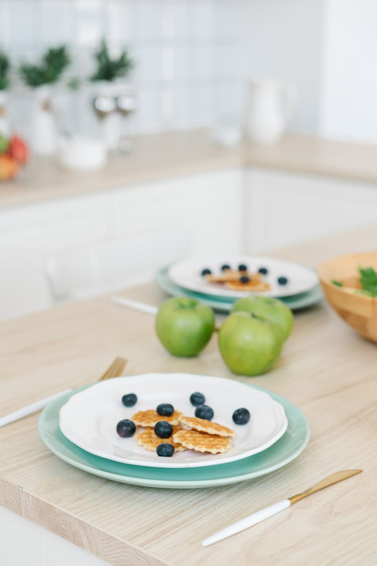 Ceramic Plates With Waffles And Blueberries 