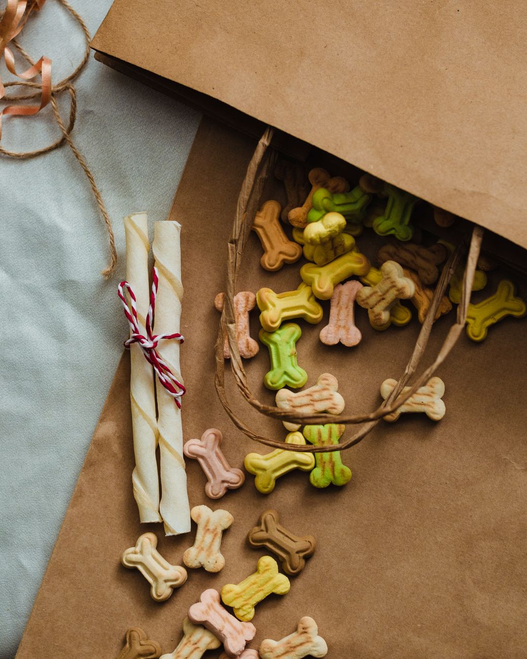 Assorted dog biscuit packs from a pet shop purchase