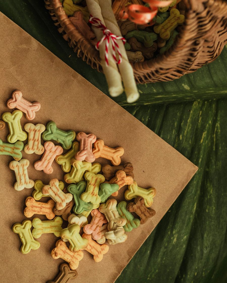 Bone-shaped oven-baked dog biscuits on kraft paper