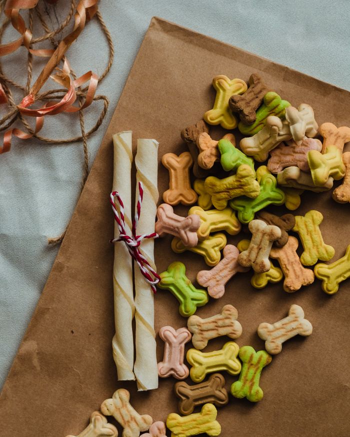 Bone-shaped baked biscuits laid out on brown paper