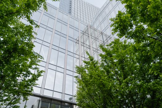 Striking low-angle view of a modern glass skyscraper surrounded by vibrant green trees.