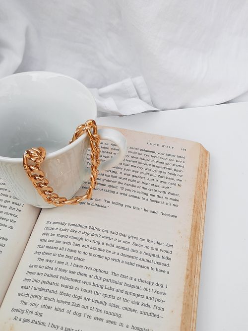 Free A stylish still life featuring a ceramic mug adorned with a gold chain, resting on an open book. Stock Photo