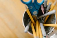 Blue Scissors and Pencils in Blue Ceramic Mug