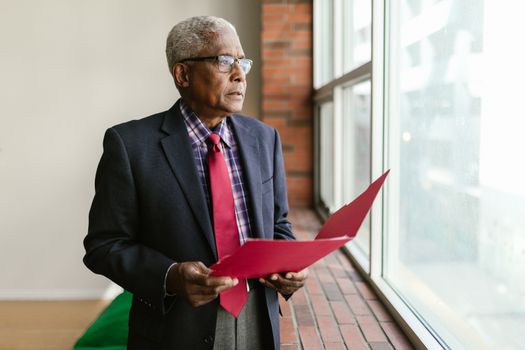 Elderly businessman in suit holding documents, standing by a window with a thoughtful expression.