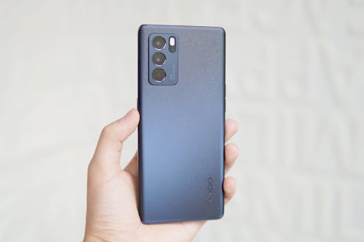 Close-up of a blue smartphone with triple camera held in a hand against a light background.