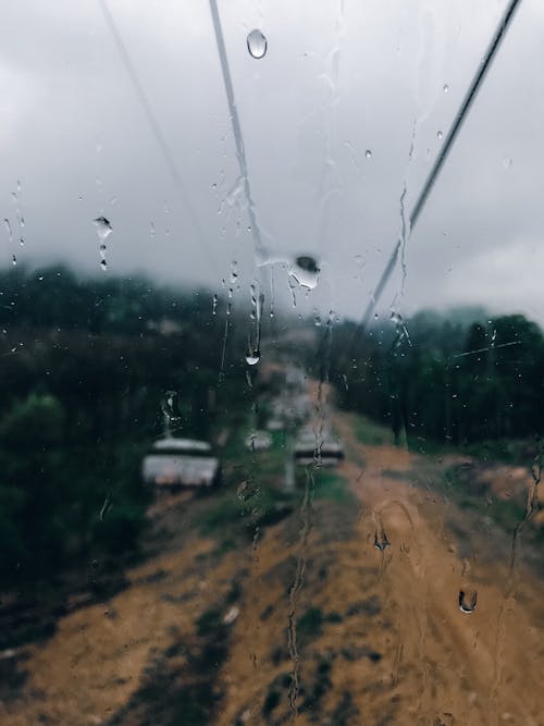 Cable Car Seen From a Window with Raindrop 