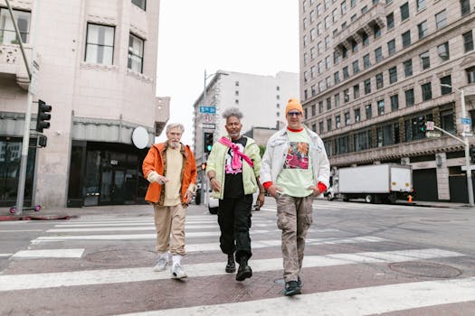 Three elderly men in vibrant outfits cross an urban street, showcasing unique street fashion and diversity.