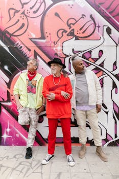 Three senior men showcase colorful street style in front of a graffiti wall, exuding confidence and flair.