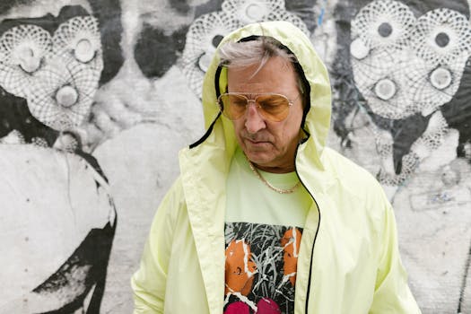A senior man wearing a yellow jacket and sunglasses in front of urban street art, showcasing hipster style.