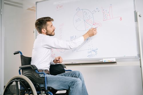 Free Man in a wheelchair giving a business presentation in an office using a whiteboard with graphs and charts. Stock Photo