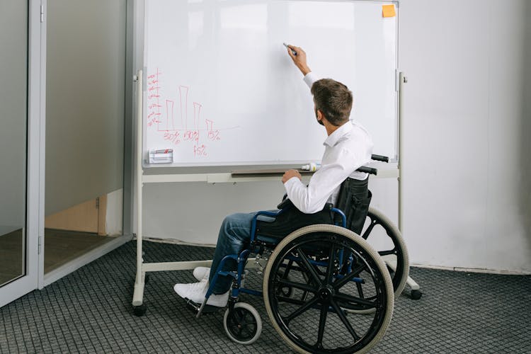 A Man On A Wheelchair Writing On A Whiteboard