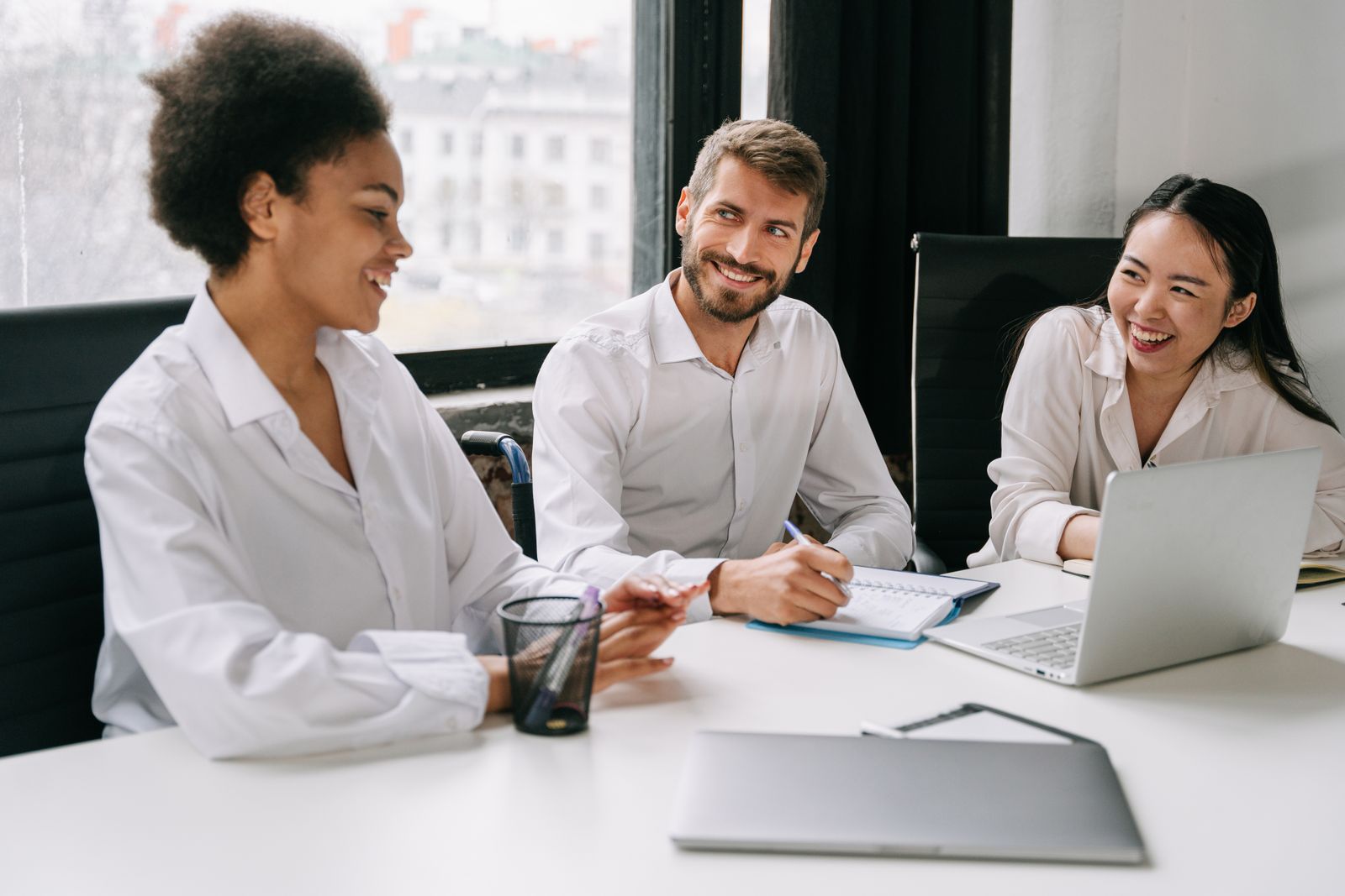 Happy office team collaboration scene 2