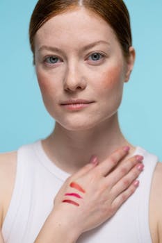Close-up of a woman with lipstick swatches on her hand against a blue background.