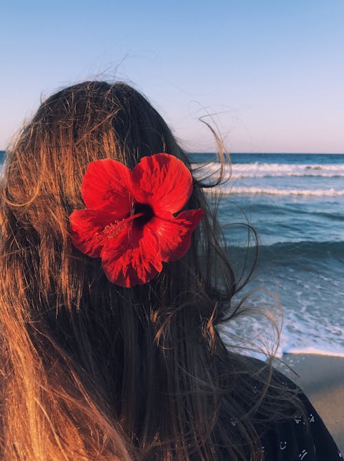 Photo of a Woman With Hibiscus on Her Head Facing Towards the Sea