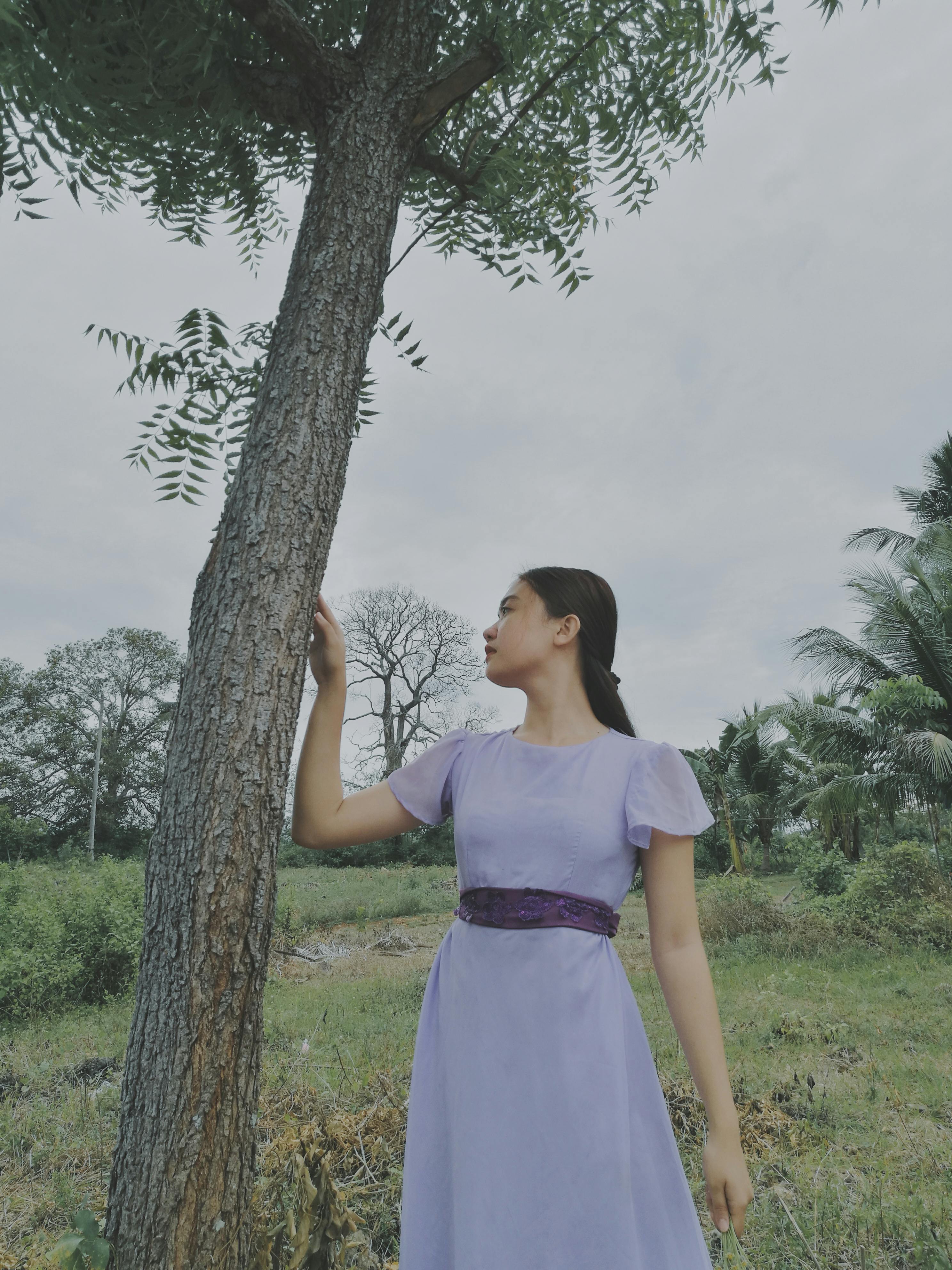 Beautiful Girl in a Gorgeous Purple Dress Standing Under a Tree Stock Photo  - Image of lady, fashion: 78425226