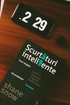 木桌上放着一本书和一部智能手机，展现了时间与创新的概念