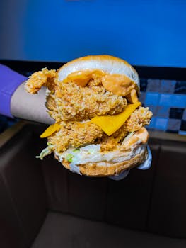 Close-up of a crispy chicken burger with cheddar, held in hand, showcasing delicious layers.
