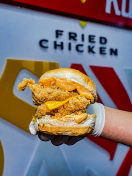 Close-up of a delicious fried chicken sandwich with cheese and sauce held by a hand in front of signage.