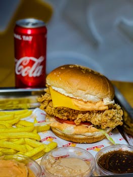 Tasty crispy chicken burger served with french fries and a can of soda, perfect fast food meal.