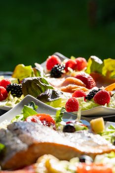 Delicious and healthy fresh salmon salad with mixed berries and greens outdoors.