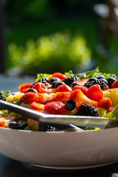 Delicious and colorful fruit salad served in a white ceramic bowl, perfect for a healthy summer snack.