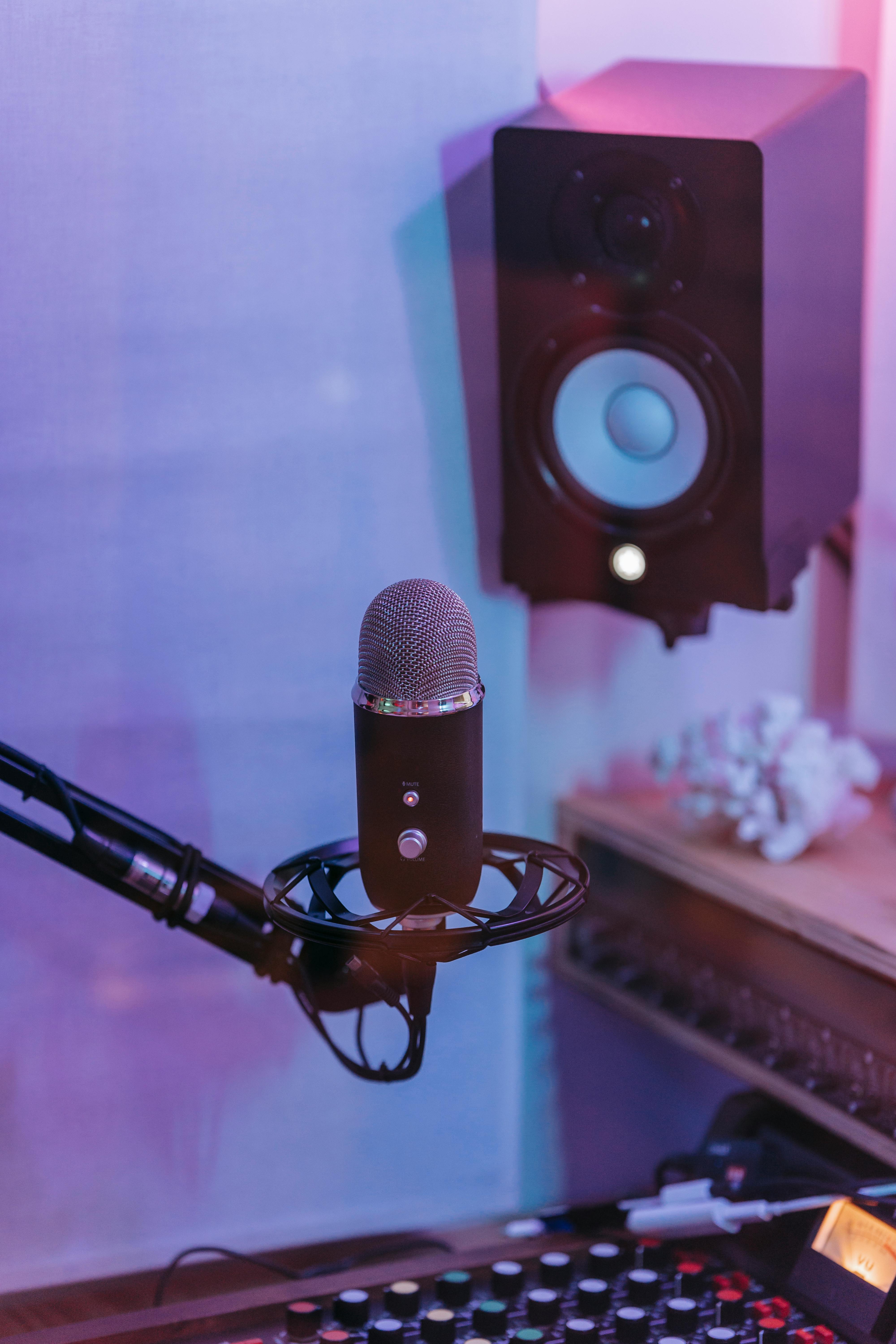 Vertical shot of a microphone in a studio with a speaker in soft lighting.