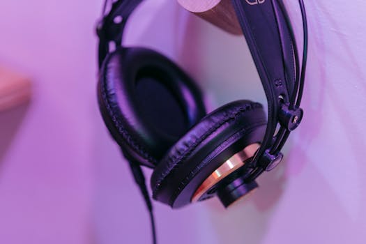 Stylish close-up of black headphones hanging on a hook against a purple background.