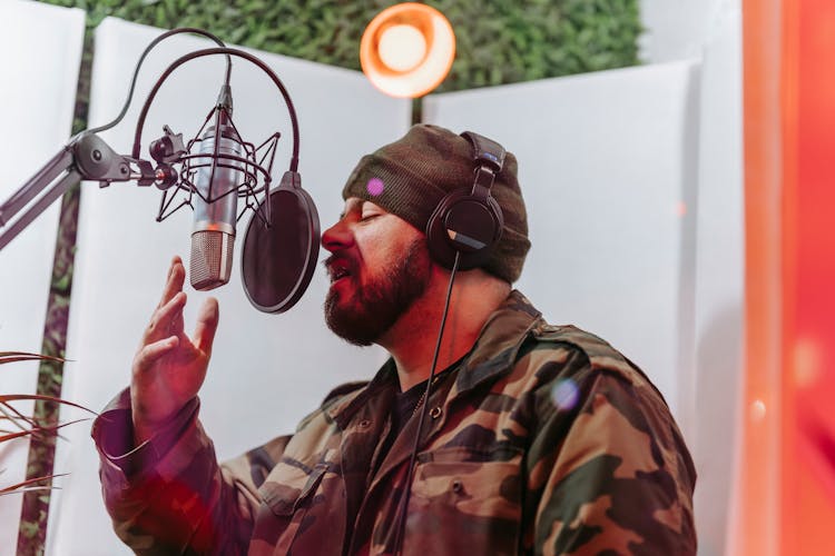 Man Singing In A Voice Recording Studio