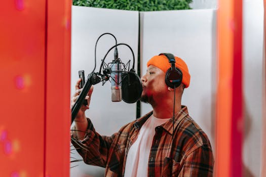 Musician recording vocals in a professional studio, using a microphone and headphones.