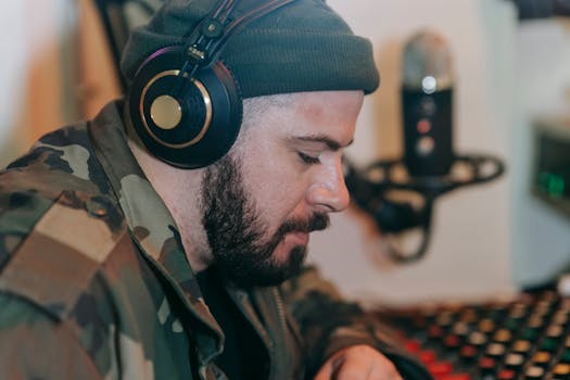 Man with beard wearing a beanie and headphones in a sound studio. Focused on mixing console.