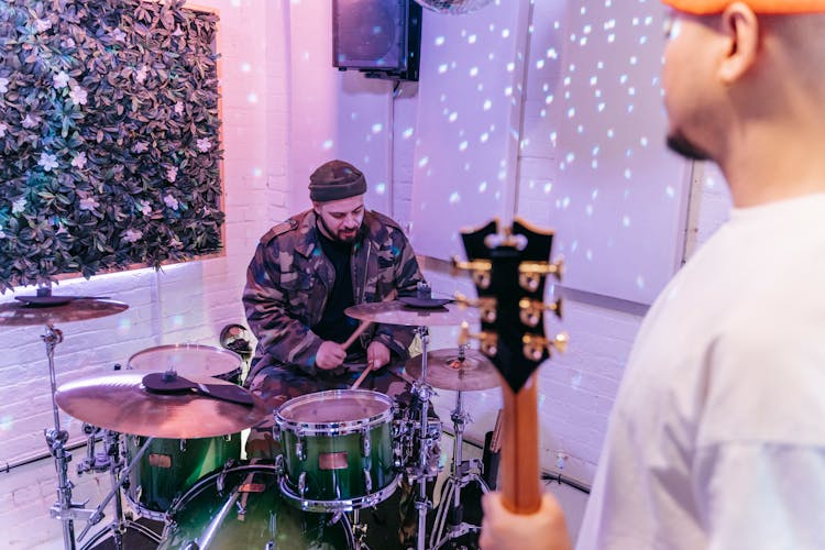 Drummer Playing In Studio