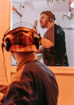 A music producer oversees a singer recording vocals in a professional sound studio.