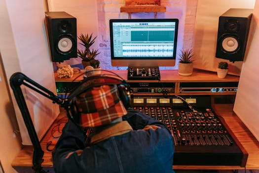 An adult music producer mixing audio tracks in a professional studio environment.