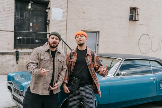 Two men in stylish attire leaning against a vintage blue car on a city street.