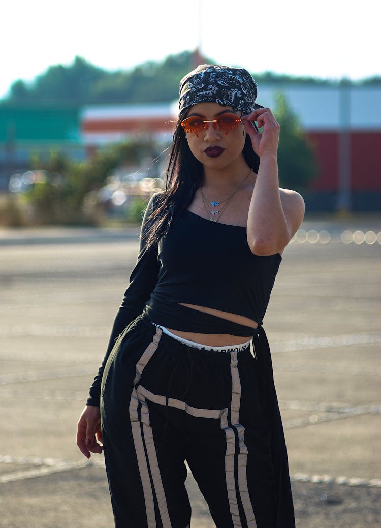  Woman In Sunglasses And Bandana On Her Head