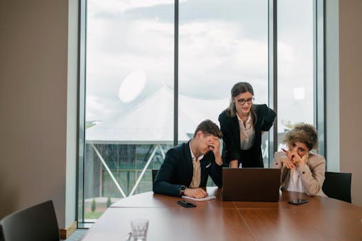 A business team collaborates over a laptop at an office table, showcasing teamwork and focus.