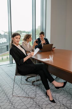Business professionals in a modern office engaged in a meeting. Collaborative work environment.