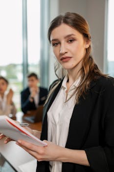 A confident young businesswoman holding a notepad during a meeting in a modern office setting.